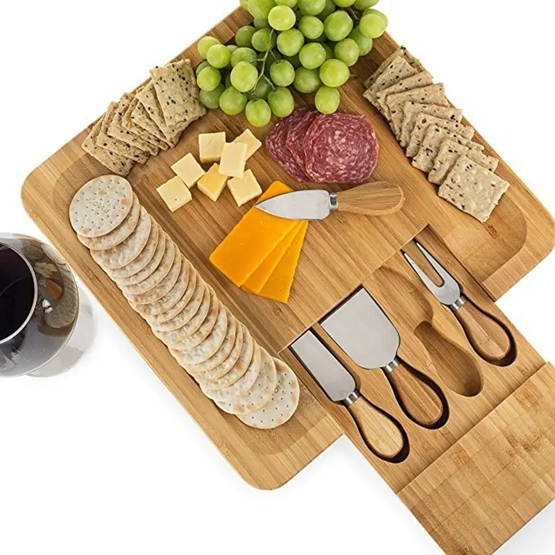 Bamboo Cheese Board With 4 Knives And For Home