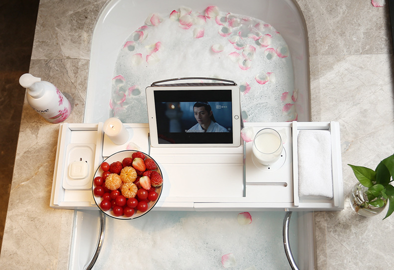 Bathtub Caddy With Wine Glass Holder And Book Stand